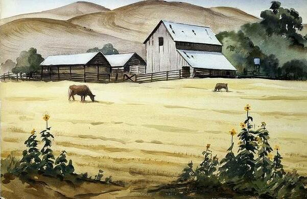 1940s watercolor on paper depicting a peaceful California farm scene with old wood storage & corral buildings, and cows grazing in a yellow field flanked left & right by sunflowers.