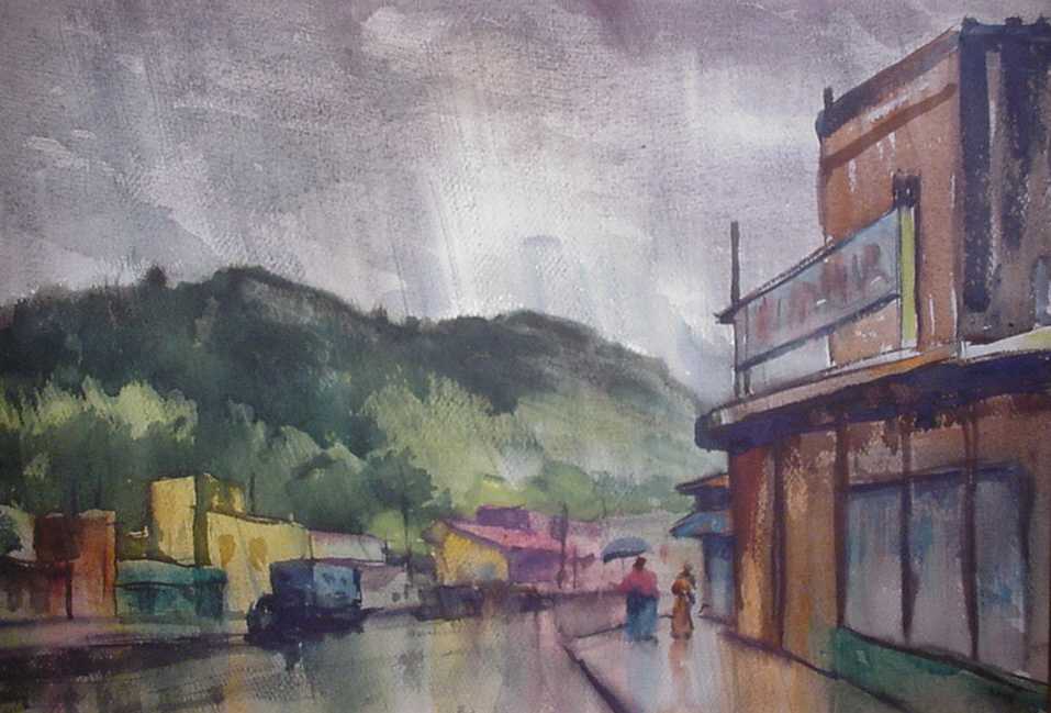 1940s California watercolor depicting a rainy day street scene in an old Northern California mining town; two figures, one with an open umbrella, are walking along a sidewalk; painted in a spectrum of muted hues including yellow, pink, blue, green, orange