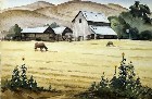 1940s watercolor on paper depicting a peaceful California farm scene with old wood storage & corral buildings, and cows grazing in a yellow field flanked left & right by sunflowers.
