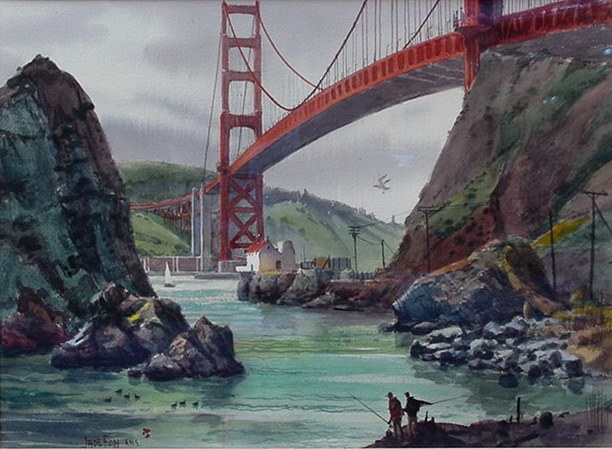 Jade Fon - Fishing Under the Golden Gate - Watercolor - 22" x 30"