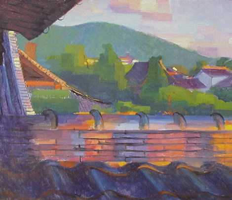 Stanton MacDonald-Wright - Rooftops, Kyoto - Oil on Panel - 20" x 24"