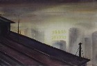 1940s California watercolor on paper, looking from the rooftop of an industrial building toward the Sears Stores neon sign, a well-known Boyle Heights landmark. Painted predominantly in both saturated and muted hues of gray, yellow-green, and orange.