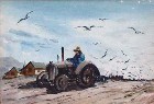 1940s california watercolor on paper depicting a rural Ventura County farming scene with two old farmhouses and a man on a tractor plowing a field, trailed by seagulls.Painted in muted & saturated hues of pink, gray, black, blue, yellow, and green.