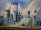 Ralph Hulett - Storage Tanks & Workers, Oil Refinery - Watercolor - 21.5" x 29.5"